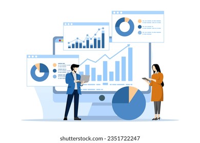 business team analysis and monitoring concept on web report dashboard monitor. data analysis research flat vector illustration design for business financial planning concept, flat vector illustration.