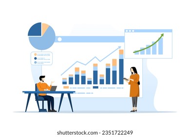 análisis de equipo de negocios y concepto de supervisión en el monitor de tablero de informes web. investigación de análisis de datos diseño de ilustración de vector plano para el concepto de planificación financiera empresarial, ilustración de vector plano.