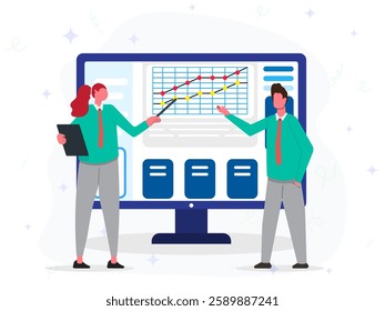 Business team analysis and monitoring concept. A man and woman discussing of finance growth with graphs and charts on big screen. 