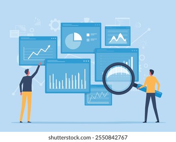 relatório gráfico de análise da equipe de negócios no conceito de monitor de painel de controle da web e pesquisa de análise de dados de design de ilustração de vetor plana para planejamento de investimento de finanças de negócios.
