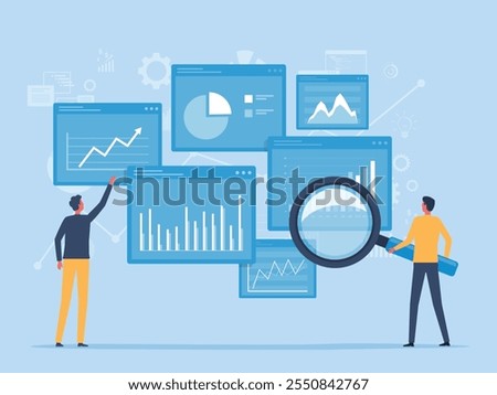 business team analytics graph report on web dashboard monitor concept and flat vector illustration design data analytics research for business finance investment planning.
