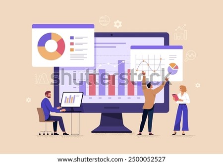 Business Team Analytics and Monitoring Concept. Vector illustration in flat style of a large monitor with tabs displaying graphs and chats and groups of people studying them. Isolated on background 