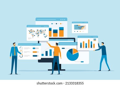 business team analytics and monitoring on web report dashboard monitor concept and flat vector illustration design data analytics research for business finance planning.