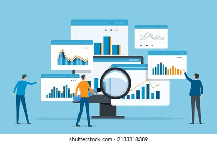 business team analytics and monitoring on web report dashboard monitor concept and flat vector illustration design data analytics research for business finance planning.