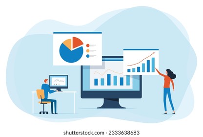 business team analytics and monitoring on web report dashboard monitor concept and flat vector illustration design data analytics research for business finance planning concept