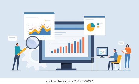 business team analytics and monitoring on web report dashboard monitor concept and flat vector illustration design data analytics research for business finance investment planning.