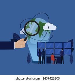 Business team analyze data around world on big blank screen. Illustration For Wallpaper, Banner, Background, Book Illustration, And Web Landing Page.