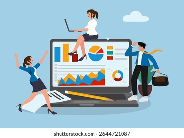 Business Team Analyzing Big Data and Marketing Charts on Laptop with Office People Working Together in Flat Illustration Style
