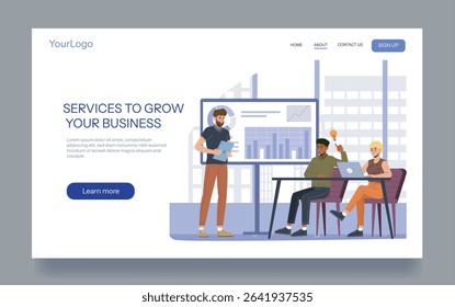 Business team analyzing charts and brainstorming ideas in modern office setting, flat style on white background. Concept of business growth and teamwork. Vector illustration