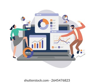 Business team analyzing charts and graphs on a large screen. Data visualization, digital marketing, performance tracking, and strategy planning in modern workplace. Vector illustration.