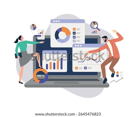 Business team analyzing charts and graphs on a large screen. Data visualization, digital marketing, performance tracking, and strategy planning in modern workplace. Vector illustration.