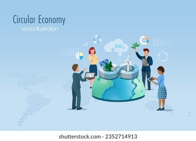 Geschäftsmannschaft analysiert Symbol der Kreislaufwirtschaft mit Windturbinen, Solarpanel auf der Welt. Verantwortungsvolles, umweltfreundliches Unternehmen und nachhaltige Umweltstrategie in der Weltwirtschaft.