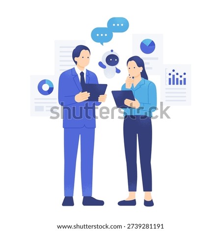 Business team analyzing data with an AI agent. Vector illustration of a man and woman holding a tablet and discussing strategy.