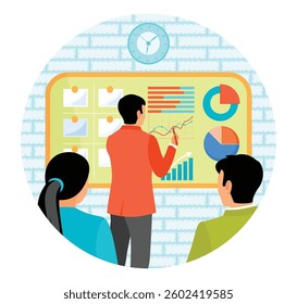 A business team analyzing data charts and graphs for planning and statistics. Presentation concept. Flat vector illustration