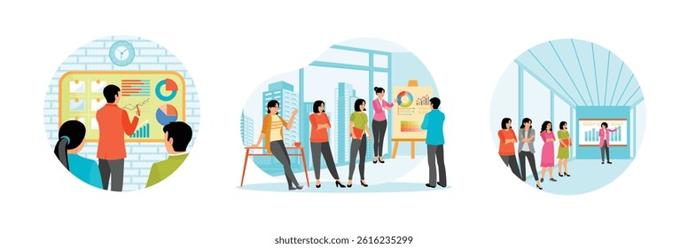 A business team analyzing data charts and graphs  Modern workspace with cityscape view.  Presentation concept. Set flat vector illustration