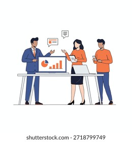 Equipo de negocios que analiza datos y gráficos financieros en la pantalla del ordenador portátil durante la reunión.