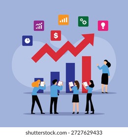 Equipe de negócios Analisando o crescimento de dados e o sucesso financeiro Ilustração de vetor plana 2d