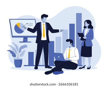 Equipe de negócios analisando dados em uma tela e trabalhando em um notebook, com uma mulher segurando uma área de transferência.