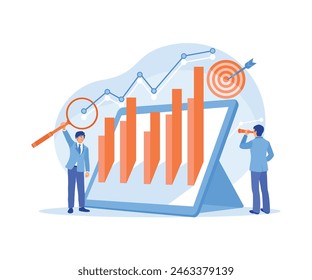 Equipo de negocios analizando gráficos financieros. Estrategia de negocio hacia objetivos de marketing. Concepto de análisis de datos. Ilustración vectorial plana.