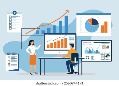 Business team analyzing and monitoring data on web report dashboards, focusing on research, analytics, and financial investment concepts for corporate strategy and growth insights.