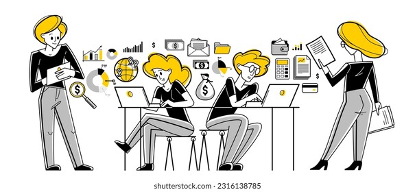 Business team analyzing and organizing financial deals online vector outline illustration, entrepreneurs teamwork company leader working on commercial project on internet