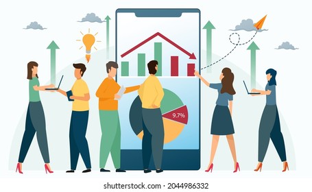 El equipo empresarial está analizando y procesando las crisis económicas y el crecimiento de las empresas. Depresión de las crisis de negocios y de mercado. Crisis gráfica. Trabajo en equipo. ilustración vectorial.