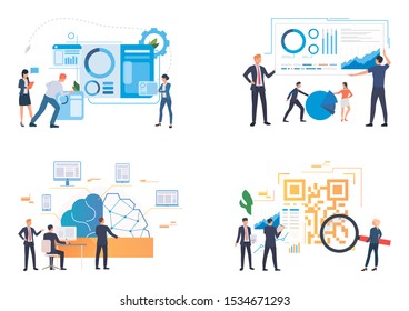 Business team analyzing reports illustration set. People studying charts, diagrams, infographics. Business concept. Vector illustration for landing pages, presentation slide templates