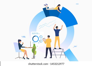 Business team analyzing reports. Office workers building chart, employee working on computer. Analysis concept. Vector illustration can be used for topics like marketing, teamwork, research