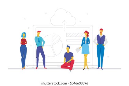 Business team analyzing results - flat design style colorful illustration on white background. A composition with cute characters, office workers or businessmen standing before an infographic chart