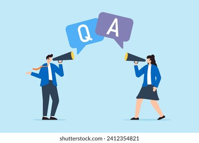 Business team announce Q and A speech bubble with megaphone