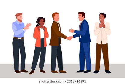 Business team applauding with respect to handshake of office employees vector illustration. Cartoon business leader and boss shaking hand of happy manager, corporate colleagues celebrate partnership