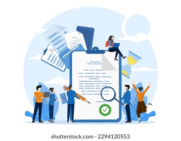 business team with approved documents. Project completed, work done or done, test, option approved, document checked, Vector illustration concept for web page, banner, social media