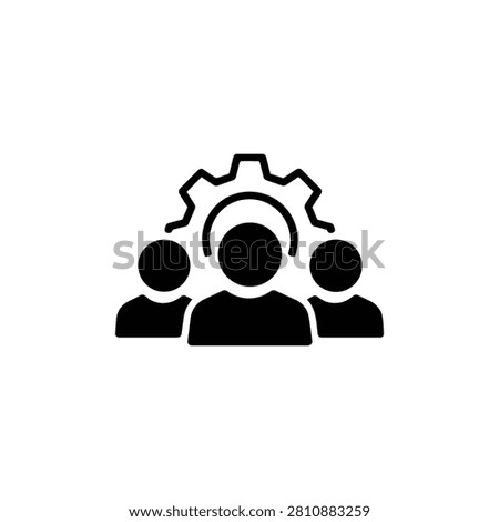 Business team arranged around a large gear representing workforce coordination, team skills, collaboration and organizational development