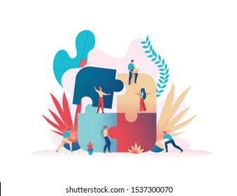 Business team assemble a puzzle. Teamwork metaphor. The concept of well-coordinated common work, cooperation. Vector flat illustration. Groups of people work on a common cause.