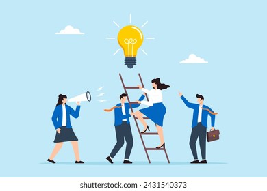 Business team assists colleagues in climbing stairs to reach new lightbulb ideas. Concept of helping and supporting each other towards success through teamwork, partnership, and collaboration