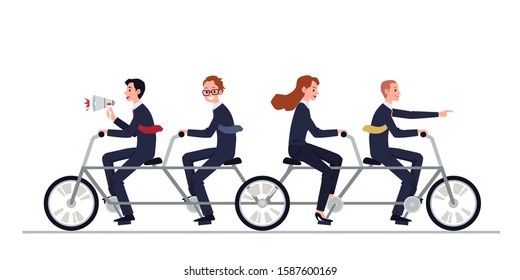 Business Team Bad Inconsistent Work Metaphor - People Cartoon Characters Riding Bike In Opposite Directions, Flat Vector Illustration Isolated On White Background.