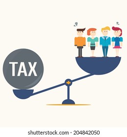 Business team balancing with TAX on scales.
