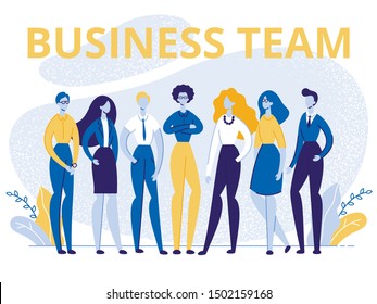 Business Team Banner, Group of Men and Women Self Confident Characters, Studio Office Employees Stand in Row, Creative People Working Together in Company, Teamworking. Cartoon Flat Vector Illustration