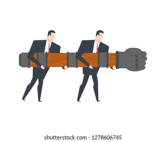 Business team and Battering ram. Wall Mounted machine. Businessman and siege weapon
