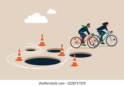 Business Team with Bicycle  pass many pitfalls to achieve business success. Avoid pitfall, adversity and brave to around pass mistake or business failure, skill and creativity to solve problem concept