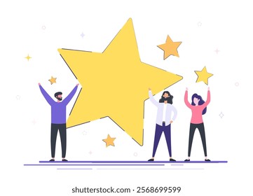 Business team and big gold star concept, Support to achieve business goal, Five star rating positive feedback and good review, Team success, Business, cooperation, teamwork. Flat vector illustration.