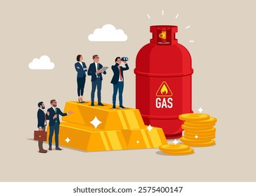 Business team with binoculars on stack of gold bar bullion and gas cylinder. Vision plan and perspective. Trading natural gas. Invest in fuel. Investment, wealth management. Vector illustration.