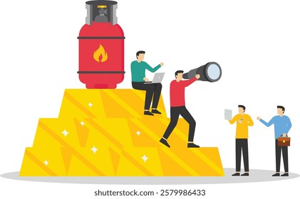 Business team with binoculars on stack of gold bar bullion and gas cylinder. Vision plan and perspective. Trading natural gas. Invest in fuel. Investment, wealth management. Vector illustration.

