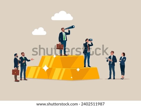 Business team with binoculars on stack of gold bar bullion. Vision plan and perspective. Investment, wealth management. Vector illustration.