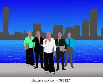 business team and Boston Skyline illustration