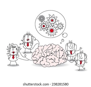 The business team and the brain. Metaphor of collective conscience or a metaphor of a brainstorming. A team is connected at a brain