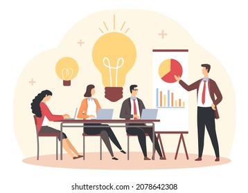 Business team brainstorm. Boss giving presentation. Boss asks subordinates for advice. Meeting of board of directors, strategic planning, company development. Cartoon flat vector illustration