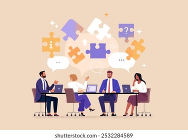 Business Team Brainstorm concept. Contemporary flat style abstract vector illustration of a group of diverse people at a desk leading a discussion with puzzle pieces above their heads.