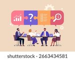 Business Team Brainstorm concept. Vector flat style abstract illustration of a group of diverse people at a desk discussing a project made with puzzle pieces above their heads.