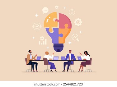 Business Team Brainstorm concept. Vector flat style abstract illustration of a group of diverse people at a desk leading a discussion with a lightbulb made of puzzle pieces above their heads.